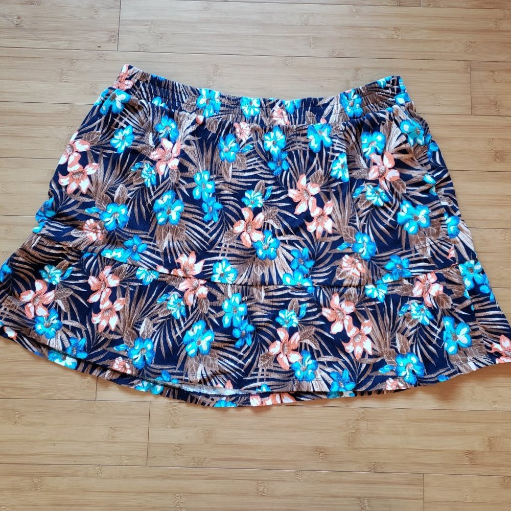 2X Lands' End Tiered Crinkle-Knit Tropical Print Knee-Length Skirt Elastic Waist